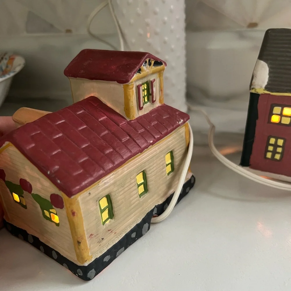 (2) Vintage Dickens Ceramic Village Christmas Cottagecore Houses With Lights
